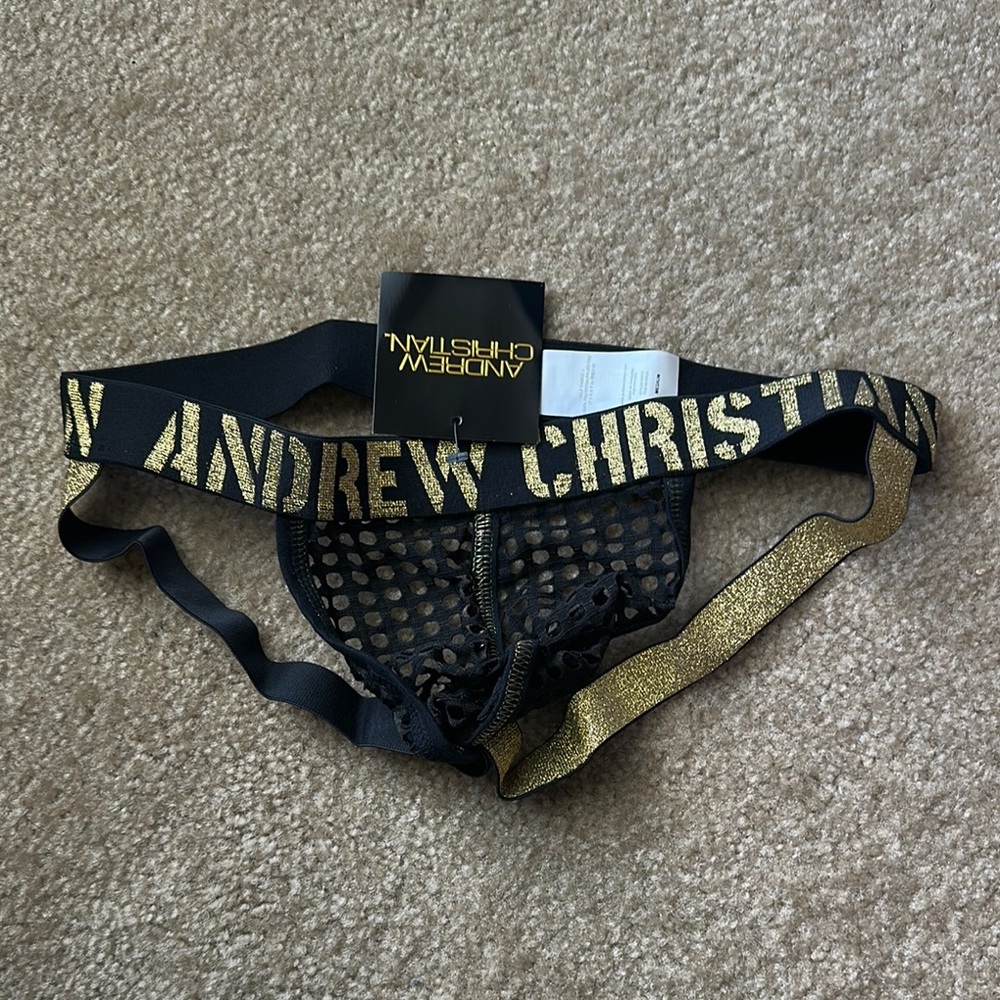 Andrew Christian Black and Gold Mesh Briefs - Picture 2 of 3